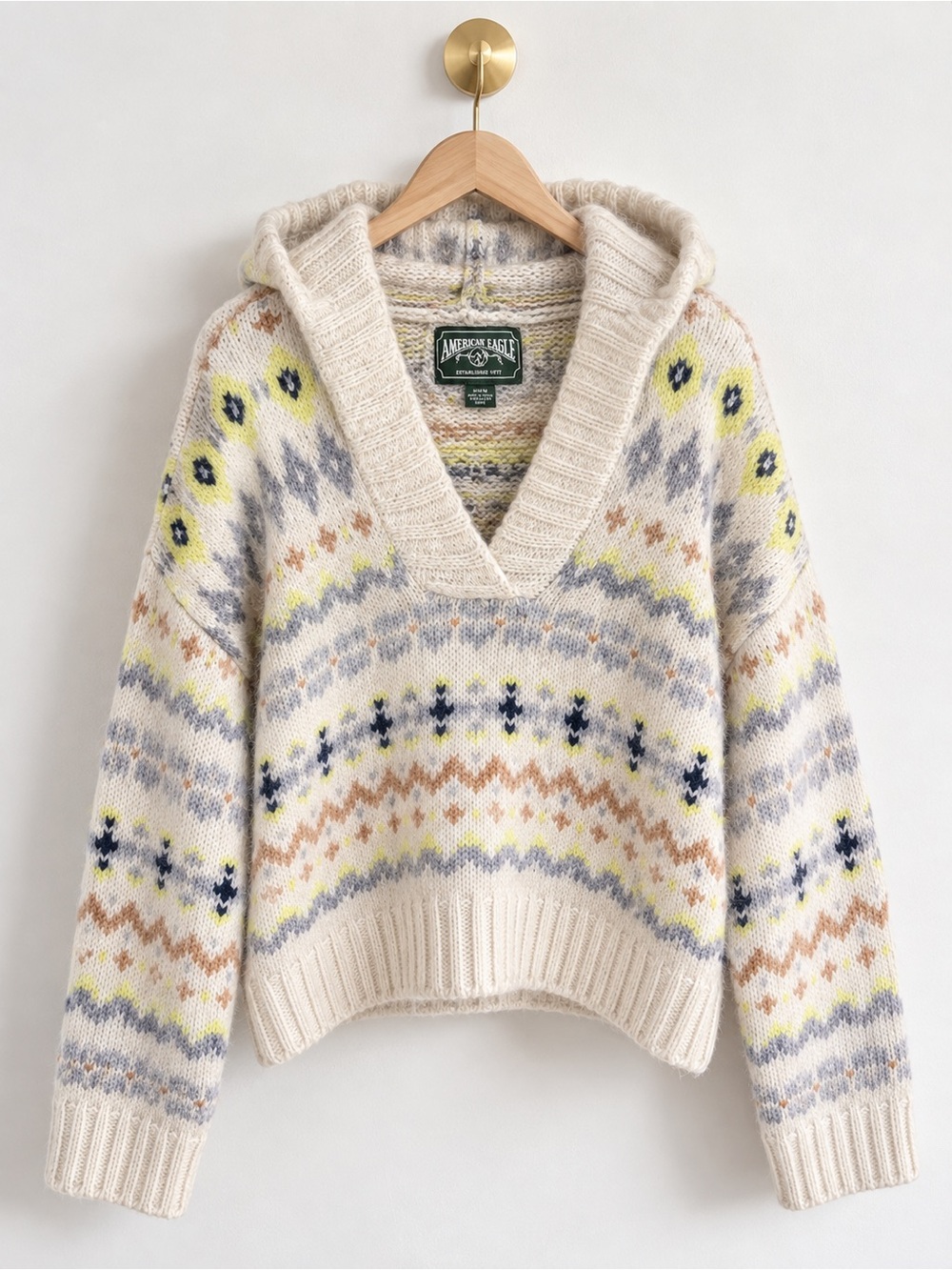 American Eagle Fair Isle Hooded Sweater M Wool Blend Oversized Nordic Knit Fall